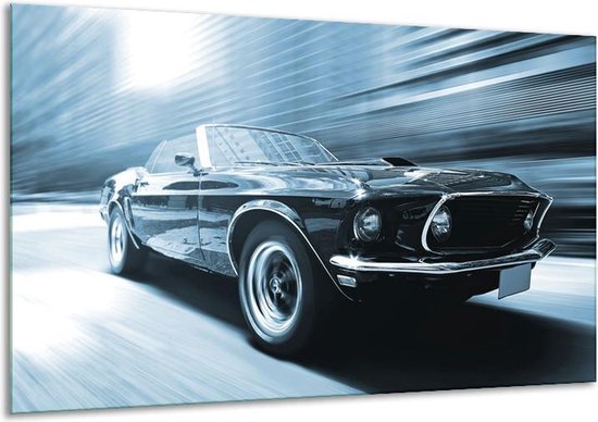 Glasschilderij Auto, Mustang - Blauw, Wit - 120x70cm 1Luik - Foto Op Glas - Geen Acrylglas Schilderij - GroepArt 6000+ Glasschilderijen Art Collectie - Wanddecoratie - Woonkamer - Slaapkamer