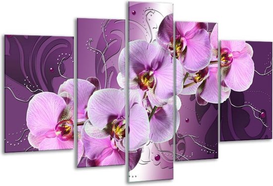 Glasschilderij Orchidee - Paars - 170x100cm 5Luik - Foto Op Glas - Geen Acrylglas Schilderij - 6000+ Glasschilderijen Collectie - Wanddecoratie