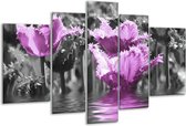 Glasschilderij Tulpen - Zwart, Paars, Grijs - 170x100cm 5Luik - Foto Op Glas - Geen Acrylglas Schilderij - 6000+ Glasschilderijen Collectie - Wanddecoratie