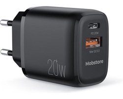 Mobstore Oplader 20W PD - USB Lader - Snellader - QC3.0 Fast Charger - USB C oplader - Geschikt voor elk apparaat - Beschikt over 2 uitgangen - Compact design - Universele lader