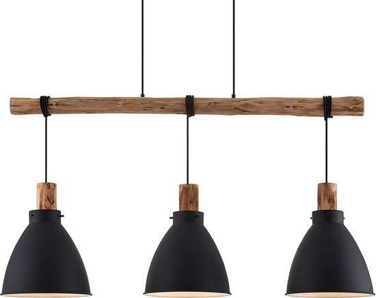 Lindby - hanglamp - 3 lichts - IJzer, eucalyptushout - E27 - zwart, licht hout