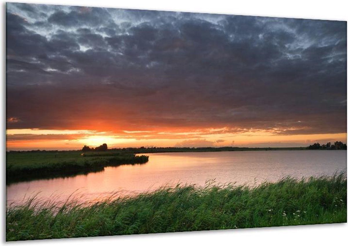 Glasschilderij Zonsondergang - Wit, Geel, Paars - 120x70cm 1Luik - Foto Op Glas - Geen Acrylglas Schilderij - GroepArt 6000+ Glasschilderijen Art Collectie - Wanddecoratie - Woonkamer - Slaapkamer