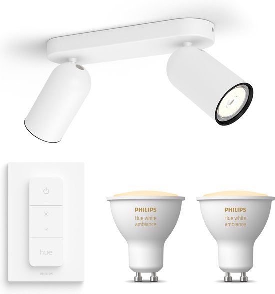 Philips myLiving Pongee Opbouwspot White Ambiance GU10 - 2 Hue Lampen en Dimmer Switch - Warm tot Koelwit Licht - Dimbare Plafondspots - Wit