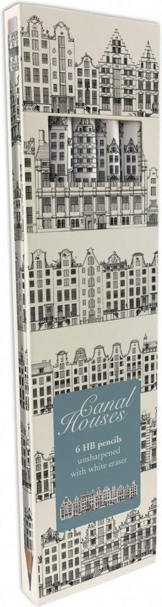 Bekking & Blitz - Set van 6 HB potloden - met kleurrijke kunst bedrukt - Grafische kunst - in kartonnen doosje - inclusief gum - Grachtenpandjes - Caspar Jacobsz. Philips - Collectie Rijksmuseum Amsterdam
