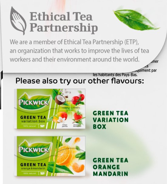 Pickwick Green Tea Variation Box en Green Tea Orange Mandarin verpakkingen.