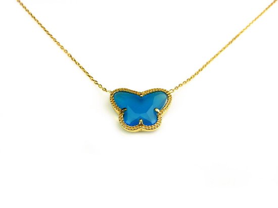 korte zilveren halsketting halssnoer collier geelgoud verguld Model Vlinder met blauwe steen