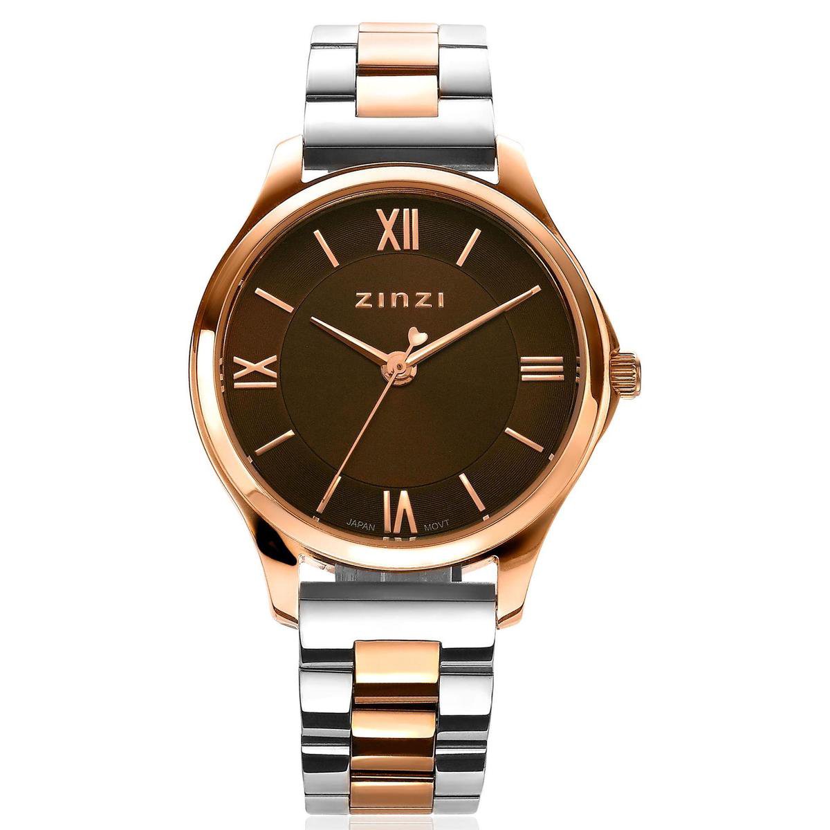 ZINZI Classy Mini horloge 30mm bruine wijzerplaat roségoudkleurige stalen kast en bicolor band ziw1236