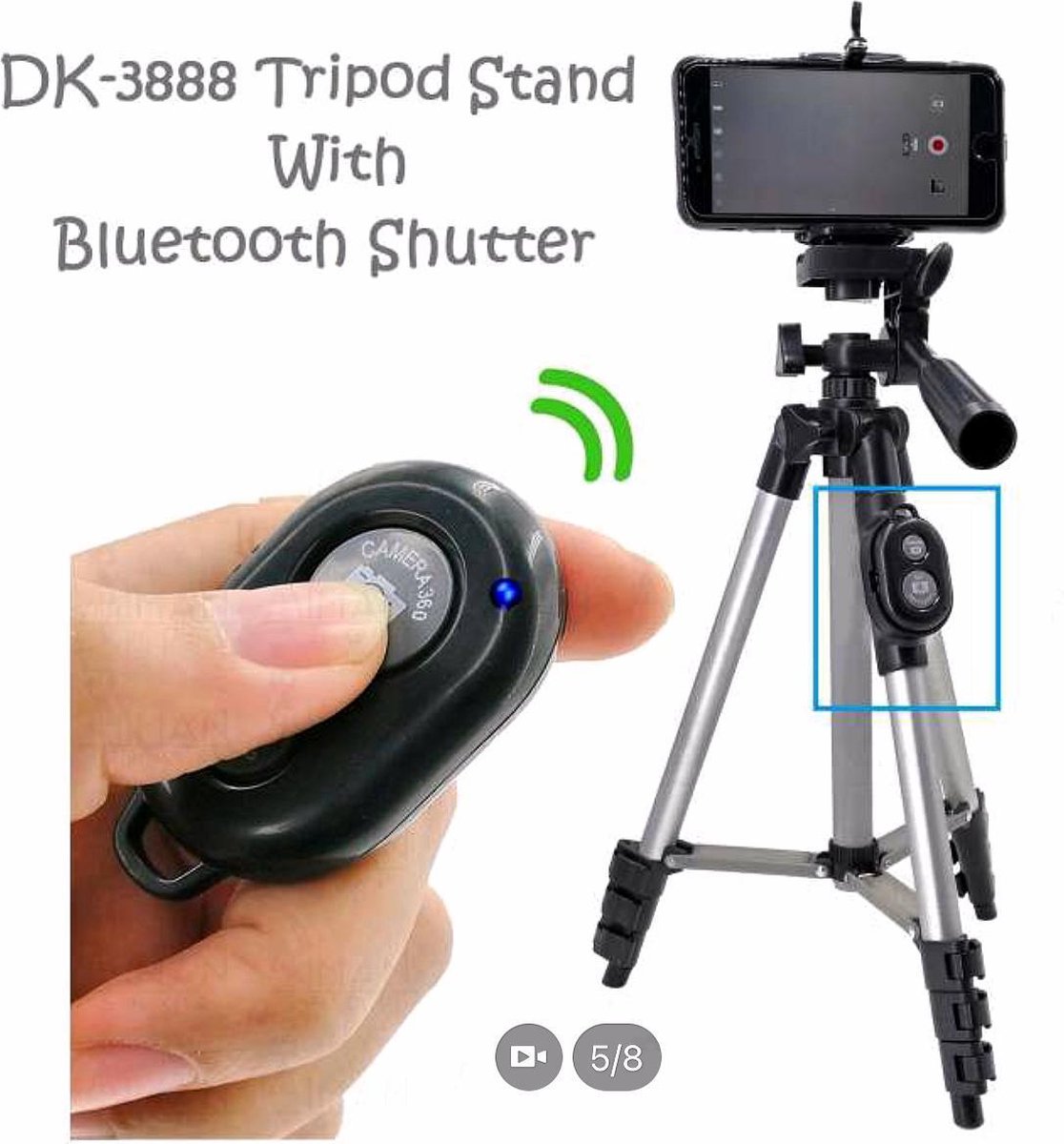 Smartphone Tripod Camera Statief 108 Cm Zilver Voor Fotocamera en Smartphone - iPhone - Canon – Nikon - Spiegelreflexcamera Inclusief Bluetooth Remote Shutter en Waterpas, HiCHiCO Model 3888