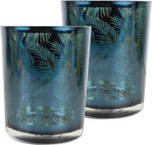 Set van 3x stuks theelichthouder/waxinelichthouder glas petrol blauw 10 cm palmblad print - Windlichtjes/kaarsenhouders