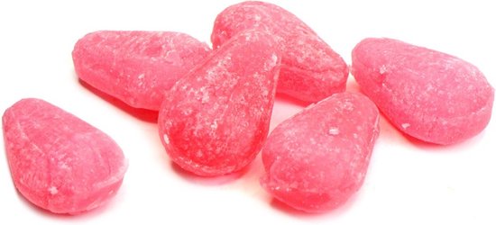 Zes roze, peervormige snoepjes met een suikerachtige buitenkant.