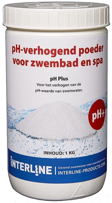 Witte container met pH-verhogend poeder voor zwembad en spa, 1 KG.