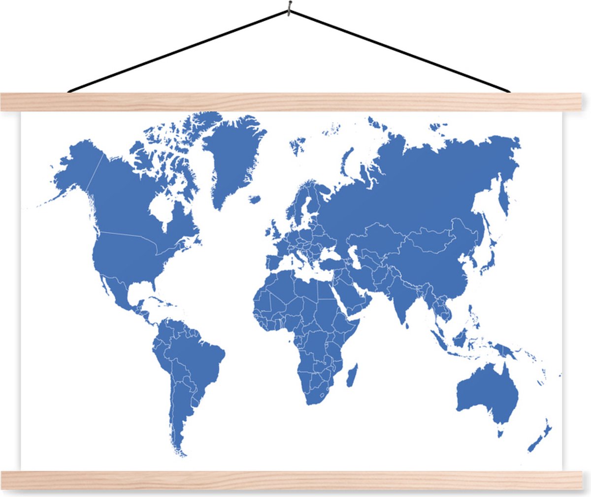 Schoolplaat - Textielposter - Wereldkaart - Blauw - Minimalisme - 90x60 cm - Textiel poster