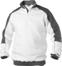 Witte sweater met donkergrijze mouwen en kraag, rits tot halverwege de borst, gestikte naden.