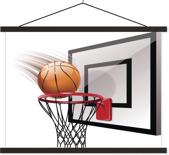 Posterhanger incl. Poster - Schoolplaat - Een illustratie van een basketbal die in de basket valt - 40x30 cm - Zwarte latten
