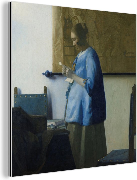 Femme en bleu lisant une lettre - Peinture de Johannes Vermeer Aluminium 120x160 cm - Tirage photo sur Aluminium (décoration murale métal) XXL / Groot format!