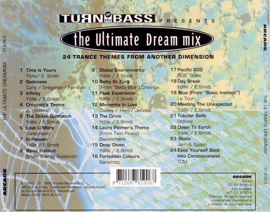 Achterkant van de 'The Ultimate Dream Mix' CD met tracklist en informatie over de artiesten.