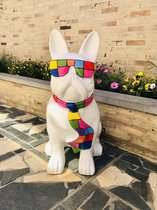 Franse French Bulldog wit met multicolor zonnebril 80 cm hoog - hond - dog - tuinbeeld - tuindecoratie - polyester - polyresin - polystone - hoogkwalitatieve kunststof - decoratiefiguur - int