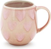 Mok / beker - 35cl - rond - roze tint met harten - handgeschilderd