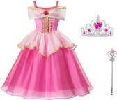 Doornroosje jurk Prinsessen jurk Deluxe 134-140 (140) roze goud + kroon + toverstaf verkleedjurk verkleedkleding