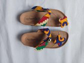 African print cork slippers - Flower Toe Yellow & Blue