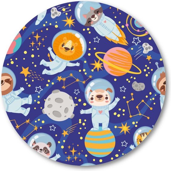 Dieren in de ruimte - Muurcirkel Forex 80cm | Wandcirkel voor binnen - Besteposter - Dieren - Kinderen - Kinderkamer