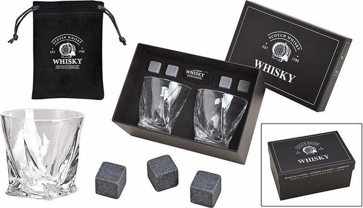 LABEL6. Wiskey Cadeau Box - Whisky set - Kado - Wiskeystenen - 4 ijs Basaltstenen - 2 Wiskey Glazen - Opbergzakje - Relatiegeschenken - Giftset - Gift - Cadeauset - Geschenk - Geschenkset