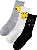 Winkrs - 3 Paar Smiley Sokken - Zwart, Wit en Grijs - Vrouwen Sokken - One Size (35-40)