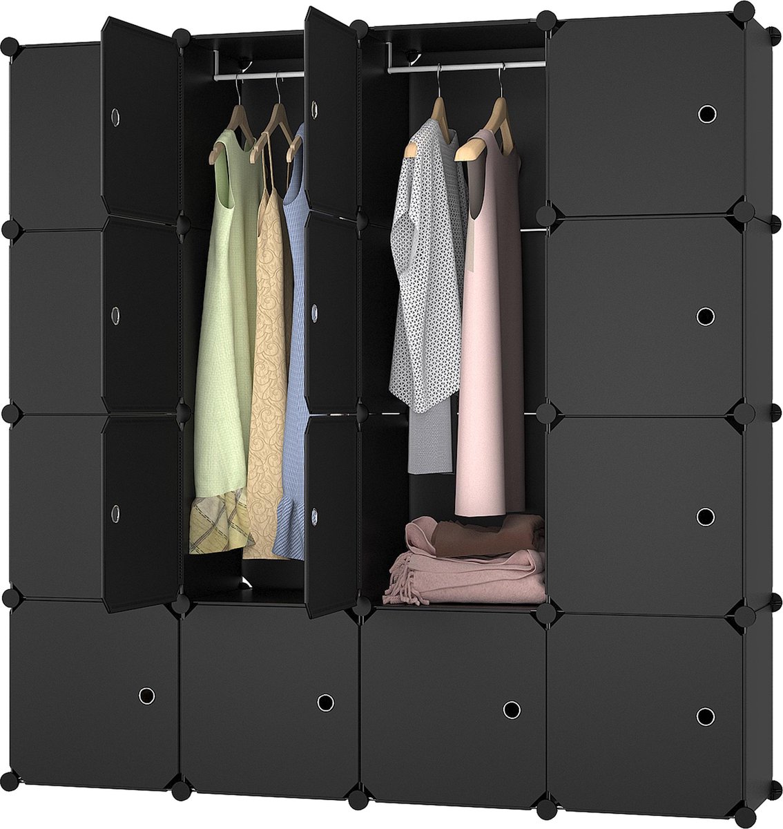 Lowander 4x4 vakkenkast 'Palermo' zwart 148x150 cm - kunststof kledingkast met hangruimte / roomdivider afsluitbaar - Lowander