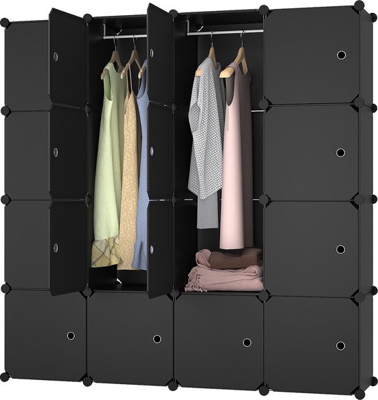 Lowander 4x4 vakkenkast 'Palermo' zwart 148x150 cm - kunststof kledingkast met hangruimte / roomdivider afsluitbaar
