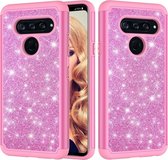 Glitter poeder contrast huid schokbestendig siliconen + pc beschermhoes voor LG V40 ThinQ (roze)