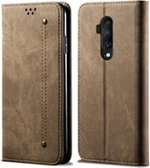 Voor OnePlus 7T Pro Denim Textuur Casual Stijl Horizontaal Flip Leren Tas met Houder & Kaartsleuven & Portemonnee (Khaki)