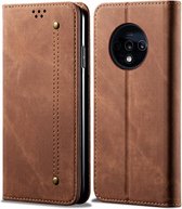 Voor OnePlus 7T denim textuur casual stijl horizontale flip lederen tas met houder en kaartsleuven en portemonnee (bruin)
