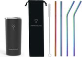 DRINKONLOVE - RUSH BLACK + COMFY RAINBOW - Drinkbeker met rvs rietjes - Zwart - Regenboog - 470ml -  rietjes 21.5 cm