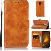 Voor Xiaomi Pocophone F1 Retro koperen knop Crazy Horse Horizontale flip PU lederen tas met houder & kaartsleuven & portemonnee en lanyard (goudgeel)