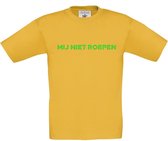 T-shirt voor kinderen met opdruk “Mij niet roepen” (kinder variant op Mij niet bellen) | Chateau Meiland | Martien Meiland | Goud geel T-shirt met groene opdruk. | Herojodeals