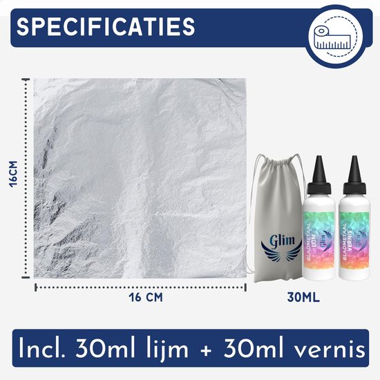 Een vel zilveren bladmetaal van 16x16cm, met een bewaarzakje en twee flesjes Glim lijm en vernis van 30ml.