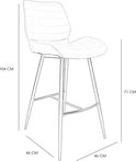 Schematische weergave van een antracietkleurige barkruk met afmetingen: 104 cm hoog, 46x46 cm basis.