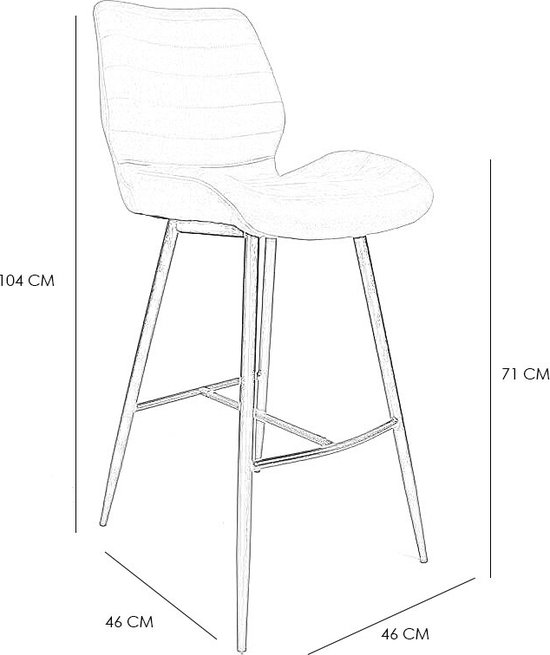 Schematische weergave van een antracietkleurige barkruk met afmetingen: 104 cm hoog, 46x46 cm basis.