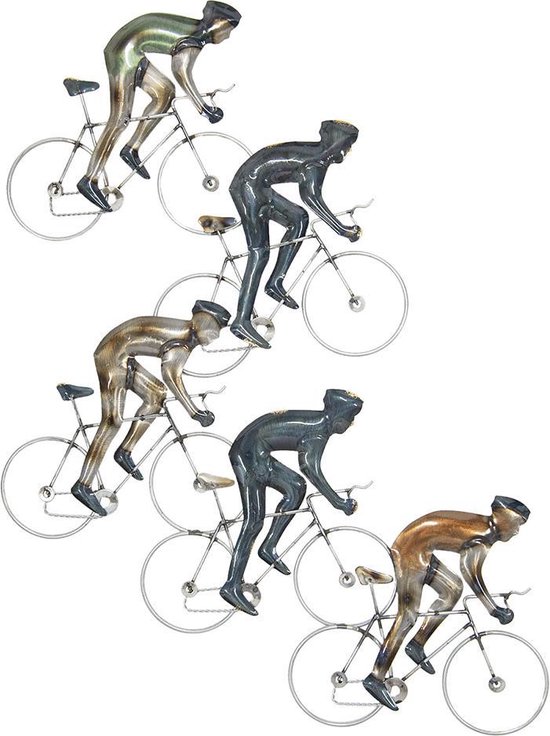 Clayre & Eef Wanddecoratie 81*60*2 cm Zilverkleurig Metaal Wielrenners Muurdecoratie Wandversiering