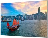 Wandpaneel Hong Kong skyline met authentieke boot  | 150 x 100  CM | Zilver frame | Wandgeschroefd (19 mm)