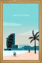 JUNIQE - Poster met houten lijst Barcelona - retro -20x30 /Turkoois