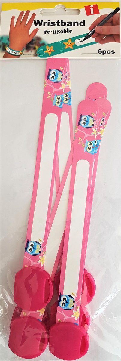 Image of 6x ID Kinder polsbandjes / SOS bandje / Name Tag / info polsband re-usable Uil / Roze