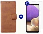 BixB Samsung A32 5G hoesje - Met 2x screenprotector / tempered glass - Book Case Wallet - Bruin