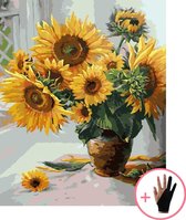 Schilderen Op Nummer Volwassenen Zonnebloemen Bloemen In Vaas – 40x50 cm - Inclusief Tekenhandschoen - Paint By Number Volwassenen