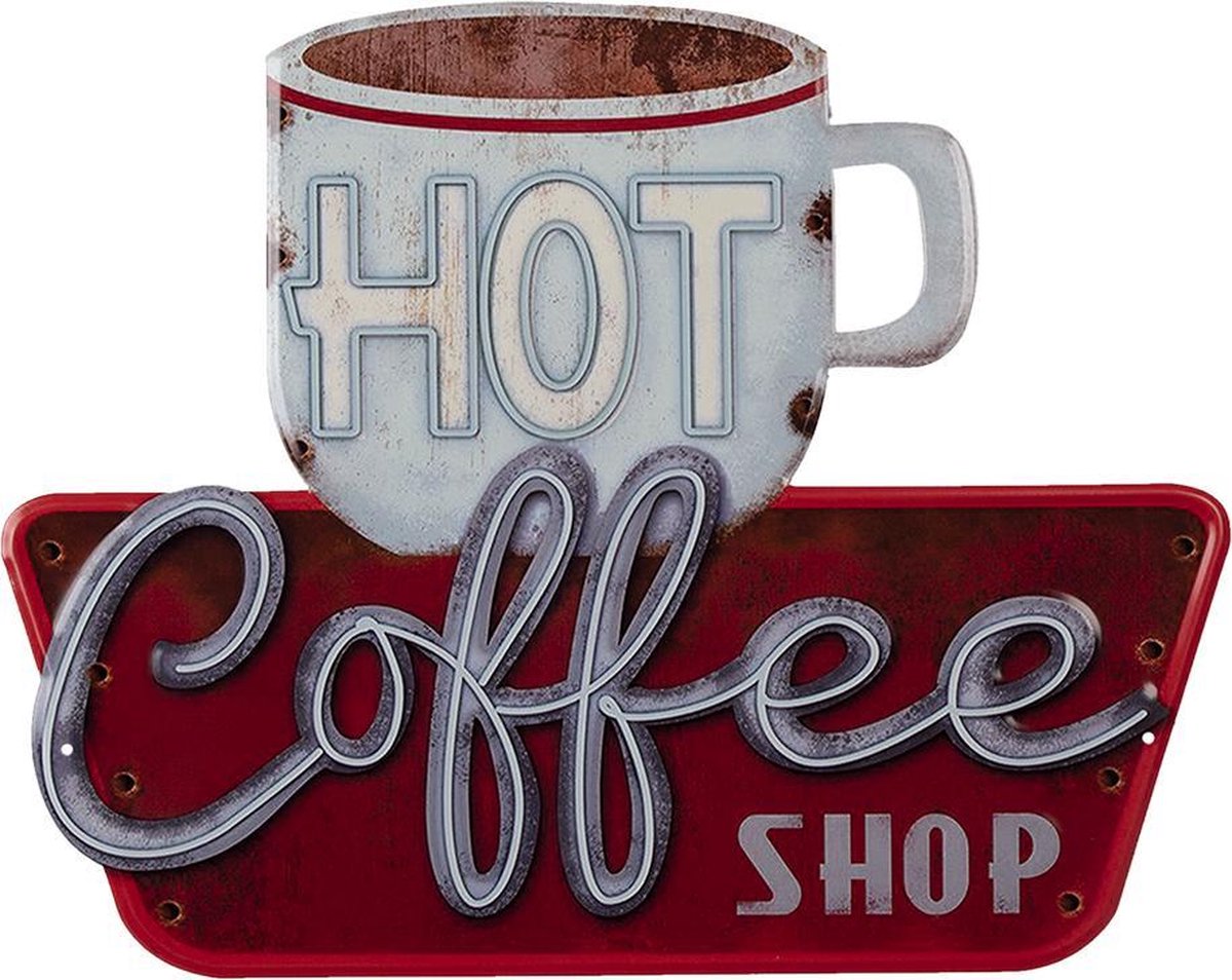 Tekstbord 38x48 cm Wit Rood Ijzer Hot Coffee Wandbord