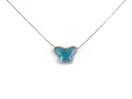 collier court en argent collier collier plaqué rhodium Modèle Papillon avec pierre bleu turquoise