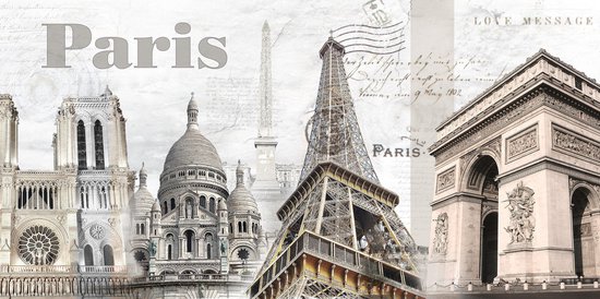 Tuinposter - Stad / Parijs - Collage Paris in beige / wit / zwart / taupe - 60 x 120 cm