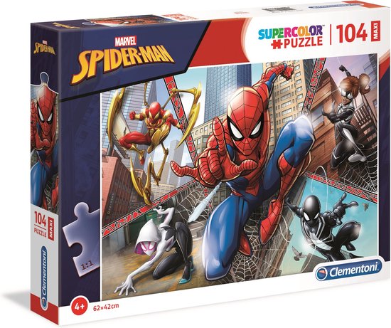 Boîte de puzzle Clementoni 104 pièces Spider-Man avec Spidey, Ghost-Spider, Scarlet Spider et Miles Morales.