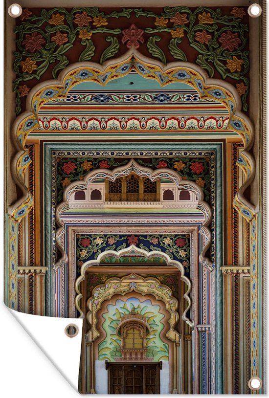Tuinposter - Tuindoek - Tuinposters buiten - Rijk versierde poort in Jaipur in de deelstaat Rajasthan van india - 80x120 cm - Tuin