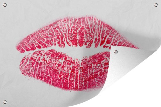 Tuindecoratie Afdruk van rode lippen op een witte achtergrond - 60x40 cm - Tuinposter - Tuindoek - Buitenposter